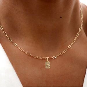 14k Yellow Gold Paper Clip Necklace with Diamond Initial B 18” Long